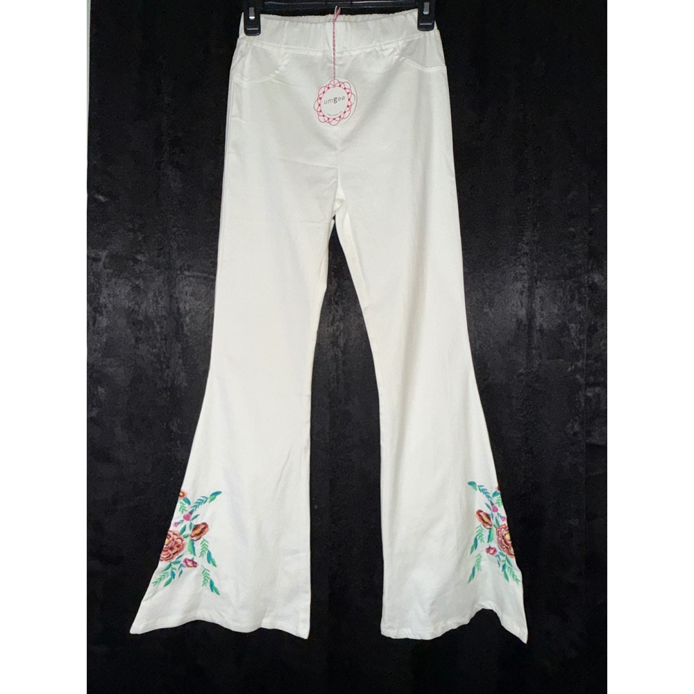 Umgee USA Womens White Floral Embroidered Flare Leg Pants Boho Retro R0131 Small